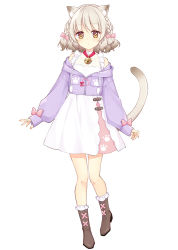 Rule 34 | 1girl, :o, animal ear fluff, animal ears, animal print, bare shoulders, bell, boots, bow, braid, brown footwear, cat ears, cat girl, cat print, cat tail, cross-laced footwear, dress, frilled boots, frills, full body, grey hair, hair ornament, hazuki natsu, highres, long sleeves, looking at viewer, medium hair, neck bell, off shoulder, open mouth, original, pink bow, purple shirt, red ribbon, ribbon, shirt, simple background, sleeves past wrists, solo, standing, tail, tail raised, virtual youtuber, white background, white dress, yellow eyes, zipper