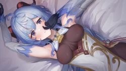 Rule 34 | 1girl, absurdres, ahoge, arm up, bed sheet, bell, black gloves, blue hair, blush, bow, breasts, covered erect nipples, cowbell, ganyu (genshin impact), genshin impact, gloves, hair bow, highres, horns, long sleeves, looking at viewer, medium breasts, parted lips, purple eyes, solo, strigidae