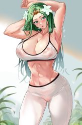 Rule 34 | 1girl, abs, absurdres, alternate costume, armpits, bare shoulders, blush, breasts, cleavage, collarbone, commission, cowboy shot, fire emblem, fire emblem: three houses, groin, highres, looking at viewer, loooyd, midriff, navel, nintendo, open mouth, parted bangs, rhea (fire emblem), sidelocks, solo, sports bra, sportswear, standing, teeth, upper teeth only