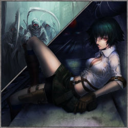 Rule 34 | 1girl, belt, black hair, blue eyes, breasts, capcom, cleavage, devil may cry, devil may cry (series), devil may cry 3, dress shirt, female focus, gloves, heterochromia, highres, lady (devil may cry), miniskirt, monster, red eyes, scar, scythe, shirt, short hair, skirt, solo, stairs, thigh strap, utaware01, wet, wet clothes, wet shirt, white shirt