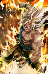 Rule 34 | 1boy, angry, blonde hair, blood, clenched hand, clenched teeth, debris, dragon ball, dragonball z, explosion, green eyes, longai, male focus, manly, muscular, scowl, son goku, spiked hair, super saiyan, super saiyan 1, teeth, torn clothes, wristband
