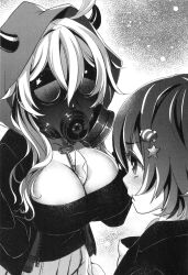 Rule 34 | 2girls, black shirt, blue hair, breast focus, breasts, brown hair, choker, cleavage, collarbone, covered face, faceless, faceless female, gas mask, hair ornament, highres, hikawa renko, hood, hoodie, horns, igarashi maina, jacket, key, large breasts, letter, long hair, looking at breasts, mask, multiple girls, namanie, necktie, object on breast, open clothes, open jacket, ponytail, psycome, school uniform, shirt, short hair, skirt, tagme
