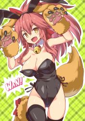 Rule 34 | 1girl, animal ear fluff, animal ears, animal hands, bell, blush, breasts, cat paws, cleavage, collar, collarbone, commentary, commentary request, fake animal ears, fangs, fate/grand order, fate (series), fox ears, fox girl, fox tail, gloves, hair ribbon, jingle bell, large breasts, leotard, long hair, looking at viewer, neck bell, open mouth, paw gloves, paw shoes, pink hair, playboy bunny, ponytail, rabbit ears, red ribbon, ribbon, shimouki izui, shoes, solo, tail, tamamo (fate), tamamo cat (fate), yellow eyes