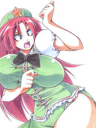 Rule 34 | 1girl, angry, bad id, bad pixiv id, beret, bow, breasts, curvy, female focus, green eyes, hat, hip focus, hong meiling, huge breasts, immaterial and missing power, long hair, open mouth, red hair, solo, touhou, uccow, wide hips