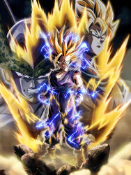 3boys angry aura cell_(dragon_ball) dokkan_battle dragon_ball father_and_son lightning looking_at_viewer multiple_boys official_art scratches serious son_gohan son_goku spiked_hair super_saiyan super_saiyan_2 tagme torn_clothes