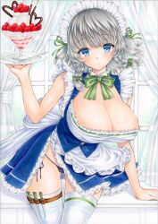 Rule 34 | 1girl, adapted costume, arm support, bare shoulders, blue eyes, blue skirt, bow, braid, breasts, cleavage, closed mouth, cowboy shot, curtains, food, fruit, green bow, green ribbon, grey hair, hair bow, hair ribbon, head tilt, holding, holding plate, huge breasts, ice cream, ice cream cup, indoors, izayoi sakuya, leaning forward, light smile, maid, maid headdress, marker (medium), medium hair, mikeko (user zntg7852), plate, pocky, ribbon, skirt, solo, strawberry, thighhighs, touhou, traditional media, twin braids, white thighhighs, window