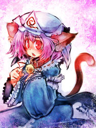 Rule 34 | 1girl, animal ears, bell, neck bell, cat ears, cat girl, cat tail, collar, female focus, hat, kemonomimi mode, open mouth, pink hair, red eyes, saigyouji yuyuko, sitting, solo, tail, touhou, ukyo rst, wide sleeves