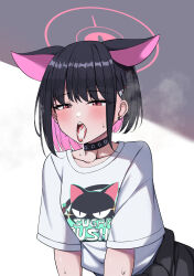 Rule 34 | 1girl, absurdres, after fellatio, animal ears, arm support, bent over, black choker, black hair, black jacket, blue archive, blunt bangs, blush, bob cut, cat ears, cat girl, choker, clothes around waist, collarbone, colored inner hair, commentary, cum, cum in mouth, earrings, english text, extra ears, gekhuay, halo, highres, in heat, jacket, jacket around waist, jewelry, kazusa (band) (blue archive), kazusa (blue archive), logo, looking at viewer, multicolored hair, print shirt, red eyes, sexually suggestive, shirt, short hair, short sleeves, sidelocks, simple background, solo, sweat, t-shirt, two-tone hair, white background, white shirt