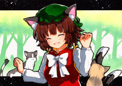 Rule 34 | 1girl, animal, animal ear fluff, animal ears, bad id, bad pixiv id, bow, bowtie, breasts, brown hair, cat, cat ears, cat tail, chen, closed eyes, dress, earrings, facing viewer, fang, forest, green background, green headwear, hat, jewelry, long sleeves, mob cap, multiple cats, multiple tails, nature, open mouth, qqqrinkappp, red dress, single earring, skin fang, small breasts, tail, touhou, traditional media, tree, two tails, upper body, white bow, white bowtie