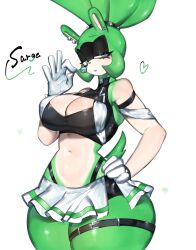 Rule 34 | 1girl, animal ears, belt, black fur, blue eyes, breasts, candy, cleavage, cleavage cutout, clothing cutout, crop top, ear piercing, eyeshadow, food, furry, furry female, gloves, green fur, green hair, hand on own hip, highres, huge breasts, lollipop, looking at viewer, makeup, midriff, navel, piercing, quill, skirt, sonic (series), sonic the hedgehog (idw), surge the tenrec, tail, thigh belt, thigh strap, thighhighs, togetoge, white gloves, white skirt, wide hips