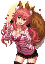 Rule 34 | 10s, 1girl, :d, animal ears, black thighhighs, blush, bra, breasts, cleavage, collarbone, fangs, fate/extra, fate/extra ccc, fate/grand order, fate (series), fox ears, fox tail, hand on own chest, heart, highres, hood, hoodie, jewelry, large breasts, necklace, npcpepper, official alternate costume, open clothes, open mouth, open shirt, partially unzipped, pink bra, pink hair, shirt, simple background, smile, solo, striped clothes, striped hoodie, tail, tamamo (fate), tamamo no mae (fate/extra), tamamo no mae (spring casual) (fate), thighhighs, underwear, v, white background, yellow eyes