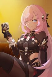 Rule 34 | 1girl, blue eyes, breasts, cleavage, cleavage cutout, closed mouth, clothing cutout, cosplay, couch, dress, eden (honkai impact), eden (honkai impact) (cosplay), elf, elysia (honkai impact), gloves, hair ornament, highres, holding cup, honkai (series), honkai impact 3rd, long hair, long sleeves, looking at viewer, medium breasts, one eye closed, pink hair, pointy ears, purple dress, purple gloves, sitting, smile, solo, tongue, tongue out, yellow background, yuki (rfi5607)