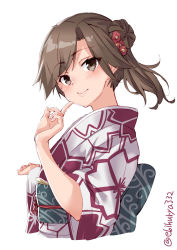 Rule 34 | 1girl, alternate costume, alternate hairstyle, arashio (kancolle), asymmetrical bangs, blush, breasts, brown eyes, brown hair, cropped torso, ebifurya, from side, highres, index finger raised, japanese clothes, kantai collection, light smile, long hair, obi, ponytail, sash, simple background, small breasts, smile, solo, swept bangs, upper body, white background, wide sleeves