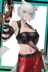 Rule 34 | 1girl, animal ears, warrior of light (ff14), black nails, closed mouth, duan henglong, final fantasy, final fantasy xiv, fingernails, gun, hand on own hip, highres, holding, holding gun, holding weapon, looking at viewer, machinist (final fantasy), midriff, miqo&#039;te, nail polish, navel, pants, red pants, short hair, smile, solo, tail, weapon, white hair