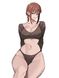 Rule 34 | 1girl, absurdres, arms behind back, breasts, brown panties, chainsaw man, cleavage, closed mouth, crop top, curvy, highleg, highleg panties, highres, large breasts, long sleeves, makima (chainsaw man), navel, panties, red hair, ringed eyes, simple background, sitting, smile, solo, stomach, thighs, underwear, white background, wide hips, yellow eyes, zeon (zzeeonn)