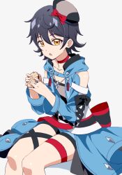 Rule 34 | 1girl, :o, black hair, blue coat, choker, coat, dolldolldd, flat chest, food, grey background, hair between eyes, hands up, hat, highres, holding, holding food, invisible chair, jewelry, kiratto pri chan, kurokawa suzu, long sleeves, looking at viewer, mini hat, open clothes, open coat, open mouth, pretty series, red choker, ring, short hair, simple background, sitting, solo, thigh strap, yellow eyes