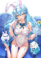 Rule 34 | 1girl, ahoge, animal ears, bare shoulders, blue bow, blue bowtie, blue footwear, blue hair, blush, bow, bowtie, braid, breasts, cleavage, commentary, couch, cup, daifuku (yukihana lamy), detached collar, drinking glass, elf, fake animal ears, fishnet pantyhose, fishnets, flower, food, fruit, fur collar, gloves, hair between eyes, hair flower, hair ornament, hairband, half updo, heart, heart ahoge, high heels, himonoata, holding, holding food, holding fruit, holding tray, hololive, large breasts, leotard, long hair, looking at viewer, on couch, open mouth, pantyhose, playboy bunny, pointy ears, rabbit ears, sitting, solo, strapless, strapless leotard, strawberry, tray, very long hair, virtual youtuber, white gloves, white hairband, white leotard, yellow eyes, yukihana lamy, yukimin (yukihana lamy)