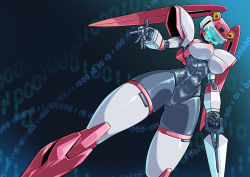 Rule 34 | 1girl, android, armor, black skin, breasts, colored skin, facing viewer, fei-yen, hand up, holding, holding sword, holding weapon, joints, large breasts, nipples, pauldrons, pink hair, pochincoff, robot, robot joints, shoulder armor, standing, sword, thighhighs, twintails, virtual on, visor, weapon