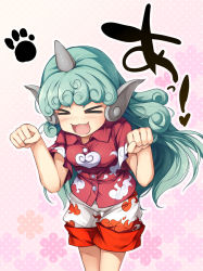 Rule 34 | &gt; &lt;, 1girl, :3, :d, > <, animal ears, buttons, chima q, clenched hands, curly hair, closed eyes, fang, green hair, highres, horns, kariyushi shirt, komano aunn, long hair, open mouth, paw pose, paw print, pink background, polka dot, polka dot background, red shirt, shirt, short sleeves, shorts, single horn, smile, solo, touhou, xd