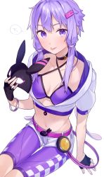 Rule 34 | 1girl, :p, absurdres, ai kusunoki, belt, bikini, bikini top only, black gloves, blush, closed mouth, collarbone, commentary request, criss-cross halter, cropped jacket, fingerless gloves, gloves, hair ornament, hairclip, half gloves, halterneck, hand up, highres, holding, holding mask, hood, hood down, hooded jacket, jacket, long hair, looking at viewer, mask, midriff, navel, pink belt, puffy short sleeves, puffy sleeves, purple bikini, purple eyes, purple hair, romaji commentary, short shorts, short sleeves, shorts, simple background, sitting, smile, solo, swimsuit, thigh gap, tongue, tongue out, vocaloid, voiceroid, white background, white jacket, white shorts, yuzuki yukari