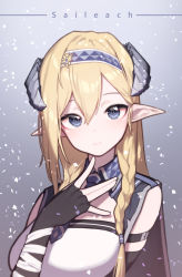 Rule 34 | 1girl, absurdres, arknights, beudelb, blonde hair, blue eyes, commentary, hand up, highres, horns, long hair, looking at viewer, pointy ears, saileach (arknights), shirt, smile, solo, upper body, white shirt