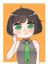 Rule 34 | 1girl, :i, allmind (armored core 6), armored core, armored core 6, bare arms, bare shoulders, black hair, blush, breasts, closed mouth, collared shirt, earrings, green eyes, green hair, green necktie, grey shirt, hand up, highres, i.u.y, jewelry, looking at viewer, medium breasts, multicolored hair, necktie, nose blush, orange background, shirt, short hair, sleeveless, sleeveless shirt, snot, solo, tears, trembling, two-tone background, two-tone hair, upper body, wavy eyes, white background