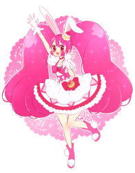 Rule 34 | 10s, animal ears, animal hands, artist request, blush, cure whip, dress, food, fruit, full body, gloves, kirakira precure a la mode, long hair, magical girl, pink eyes, pink hair, precure, rabbit ears, ribbon, simple background, smile, source request, sparkle, strawberry, twintails, white background, white gloves