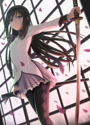Rule 34 | 10s, 1girl, akemi homura, argyle, argyle clothes, argyle legwear, black hairband, black pantyhose, breasts, closed mouth, expressionless, foreshortening, frilled skirt, frills, from below, hairband, highres, holding, holding sword, holding weapon, katana, long hair, long sleeves, looking at viewer, looking down, mahou shoujo madoka magica, mahou shoujo madoka magica (anime), motion blur, outstretched arm, pantyhose, petals, pink skirt, purple eyes, purple ribbon, ribbon, scabbard, see-through, sheath, shirt, siraha, skirt, small breasts, solo, standing, sword, unsheathed, very long hair, weapon, white shirt