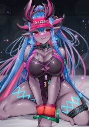 Rule 34 | 1girl, bare shoulders, black one-piece swimsuit, blue hair, body markings, breast cutout, breasts, colored skin, dark-skinned female, dark skin, fate/grand order, fate (series), grey skin, hat, highleg, highleg swimsuit, highres, horns, ibuki douji (fate), ibuki douji (swimsuit berserker) (fate), ibuki douji (swimsuit berserker) (first ascension) (fate), large breasts, long hair, looking at viewer, moyashi (pixiv44153669), multicolored hair, one-piece swimsuit, oni, oni horns, pink hair, pink hat, pink one-piece swimsuit, pointy ears, red eyes, smile, solo, swimsuit, two-tone swimsuit, visor cap, whistle