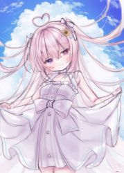 Rule 34 | 1girl, ahoge, bare arms, bare shoulders, blue sky, blush, bow, breasts, closed mouth, cloud, cloudy sky, commentary request, day, dress, flower, frilled dress, frills, fuxiyu, hair between eyes, hair bow, hair flower, hair ornament, hairclip, head tilt, heart, heart ahoge, highres, long hair, looking at viewer, original, outdoors, pink hair, purple eyes, sketch, sky, sleeveless, sleeveless dress, small breasts, smile, solo, sunflower, sunflower hair ornament, two side up, very long hair, white bow, white dress, yellow flower