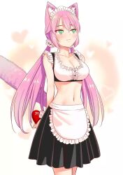 Rule 34 | 1girl, :3, animal ears, apron, arms behind back, bare shoulders, black skirt, blush, breasts, cat ears, cat girl, cat tail, cleavage, closed mouth, cowboy shot, cropped shirt, embarrassed, female focus, frilled shirt, frills, gift, green eyes, heart, heart background, highres, holding, holding gift, long hair, looking afar, looking to the side, looking up, low twintails, maid, maid apron, maid headdress, medium breasts, murenase! shiiton gakuen, nekomai kurumi, official art, pink hair, pov, shirt, simple background, skirt, solo, standing, tail, tsundere, twintails, unconventional maid, v arms, white apron, white background, white frills, white shirt, white wrist cuffs, wrist cuffs