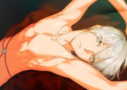 Rule 34 | 1boy, akiyoshi haru, arms up, bed sheet, eyebrows, grey eyes, looking at viewer, ludger will kresnik, lying, male focus, nipples, on back, solo, tales of (series), tales of xillia, topless male, upper body, upside-down, white hair