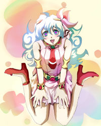 Rule 34 | 00s, 1girl, bad anatomy, bad id, bad perspective, bad pixiv id, blush, flower, hair flower, hair ornament, high heels, jewelry, nia teppelin, open mouth, shoes, sitting, skirt, solo, symbol-shaped pupils, tengen toppa gurren lagann, wariza, white hair