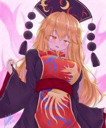 Rule 34 | 1girl, :d, black dress, breasts, brown sash, chinese clothes, crescent moon, dated, dress, energy, headdress, highres, junko (touhou), large breasts, long hair, long sleeves, looking at viewer, mature female, moon, natch imaycz, open mouth, orange eyes, orange hair, pink background, signature, sleeves past wrists, smile, solo, standing, tabard, tassel, touhou, upper body, wide sleeves