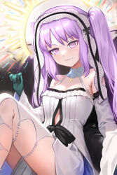 Rule 34 | 1girl, bare shoulders, blush, breasts, detached sleeves, dress, euryale (fate), euryale (lostroom outfit) (fate), fate/grand order, fate (series), gloves, green gloves, hairband, highres, long hair, looking at viewer, parted bangs, purple eyes, purple hair, shinsaku (stan-art), sidelocks, sitting, small breasts, smile, solo, thighs, twintails, very long hair, white dress, wide sleeves