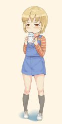 Rule 34 | 1girl, blonde hair, blue door, blush, child, open mouth, original, overalls, red eyes, shoes, short hair, skirt, sneakers, solo, suspenders