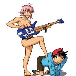 Rule 34 | 00s, accidental pervert, breasts, cleavage, clothed male nude female, female pervert, flcl, guitar, haruhara haruko, instrument, legs, looking at another, nandaba naota, nervous, nude, pervert, pink hair, serious, short hair, topless, yellow eyes