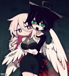 Rule 34 | 1boy, 1girl, angel wings, animal ears, artist name, bags under eyes, bandaged arm, bandages, bare shoulders, black hair, black shirt, breast hold, breasts, bright pupils, cat boy, cat ears, choker, cleavage, closed mouth, colored skin, commission, cross, disdain, dress, empty eyes, fang, feathered wings, funamusea (artist), green eyes, grey background, hair between eyes, highres, interspecies, large breasts, looking at another, open mouth, original, red eyes, sexually suggestive, shirt, short dress, skeb commission, splatter, white choker, white hair, white pupils, white skin, wings