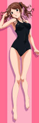 Rule 34 | 1girl, :3, amagami, barefoot, blush, breasts, brown eyes, brown hair, female focus, highres, long hair, lying, nakata sae, nanashi noiji, one-piece swimsuit, solo, swimsuit, twintails