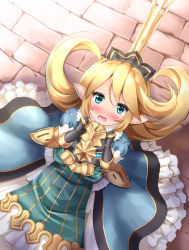 Rule 34 | 10s, 1girl, armor, blonde hair, blue eyes, blush, charlotta (granblue fantasy), crown, dress, gauntlets, granblue fantasy, harvin, harvin, kyamu (qqea92z9n), long hair, looking at viewer, looking up, open mouth, pointy ears, solo