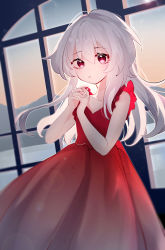Rule 34 | 1girl, absurdres, clara (honkai: star rail), closed mouth, dress, expressionless, highres, honkai: star rail, honkai (series), linnoko, long hair, looking at viewer, own hands clasped, own hands together, red dress, red eyes, sketch, solo, sunset, white hair, window