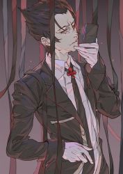 Rule 34 | black hair, black necktie, black ribbon, brown eyes, cellphone, club (shape), commentary, formal, hair slicked back, highres, holding, holding phone, hxxg, jacket, kaiki deishuu, looking at viewer, looking to the side, male focus, monogatari (series), necktie, phone, ribbon, shirt, smartphone, solo, suit, suit jacket, upper body, white shirt