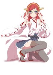 Rule 34 | 1girl, 3:, 3:&lt;, adjusting eyewear, bare shoulders, bespectacled, blush, boots, clearite, cosplay, detached sleeves, glasses, hairband, highres, japanese clothes, kantai collection, kirishima (kancolle) (cosplay), kirishima (kancolle), looking at viewer, love live!, love live! school idol project, nishikino maki, purple eyes, red hair, short hair, skirt, solo, squatting, thigh boots, thighhighs, v-shaped eyebrows