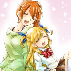 Rule 34 | 2girls, back-to-back, bow, bowtie, brown hair, brown skirt, commentary request, dress, dress shirt, facing another, green dress, head tilt, jacket, laughing, leaning back, long hair, long sleeves, lyrical nanoha, mahou shoujo lyrical nanoha vivid, miniskirt, mother and daughter, multiple girls, off shoulder, open mouth, pleated skirt, red neckwear, san-pon, school uniform, shirt, shirt straps, side ponytail, sitting, skirt, smile, st. hilde academy of magic uniform, sweater, sweater dress, takamachi nanoha, two side up, vivio, white jacket, white shirt