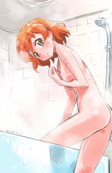 Rule 34 | 00s, 1girl, :o, ass, back, bath, bathtub, breasts, brown eyes, brown hair, flat ass, fresh precure!, highres, isedaichi ken, looking at viewer, looking back, nipples, nude, open mouth, precure, short hair, shower, shower head, skinny, small breasts, solo, tile wall, tiles, wet, yamabuki inori