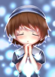 Rule 34 | 1girl, blue background, blue dress, brown eyes, brown hair, child, clannad, closed eyes, commentary request, dress, gounianjiang zhouzi w, hat, kyoto animation, no nose, okazaki ushio, orb, own hands clasped, own hands together, praying, sailor collar, sailor dress, school uniform, serafuku, solo, white hat, white sailor collar