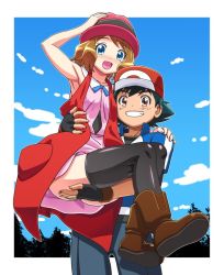 Rule 34 | 1boy, 1girl, adjusting clothes, adjusting headwear, armpits, ash ketchum, ass, bare shoulders, baseball cap, black gloves, black thighhighs, blonde hair, blue eyes, blush, breasts, brown footwear, carrying, child, cloud, convenient arm, convenient censoring, cowboy shot, creatures (company), day, dot nose, dress, facing viewer, fingerless gloves, game freak, gloves, grin, hat, looking at viewer, medium breasts, nintendo, no panties, outdoors, pink dress, pokemon, pokemon (anime), porkpie hat, princess carry, serena (pokemon), short hair, sky, sleeveless duster, smile, standing, thighhighs, tree, upskirt