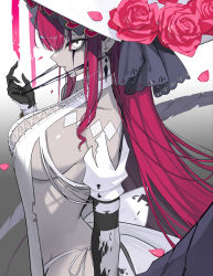 Rule 34 | 1girl, breasts, cleavage, collarbone, colored skin, detached sleeves, dress, earrings, baobhan sith (fate), baobhan sith (third ascension) (fate), fang, fate/grand order, fate (series), flower, gloves, grey eyes, grey skin, groin, hat, hat flower, highres, jewelry, large breasts, long hair, looking at viewer, looking to the side, no bra, panties, pink hair, pointy ears, revealing clothes, sideboob, solo, string, thighs, torn clothes, torn dress, underwear, white dress, white panties