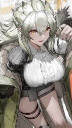 1girl arigiep arknights arm_up black_jacket breasts coat collared_shirt commentary_request cropped_legs crossover frilled_shirt frills green_coat green_hair green_scales highres jacket knee_pads large_breasts leaning_forward leg_belt lizard_tail long_hair looking_at_viewer miniskirt monster_girl monster_hunter_(series) name_tag personification quilted_lining rathian red_eyes shirt skirt slit_pupils solo spiked_tail tail tuxedo_shirt