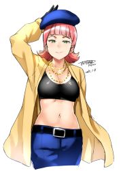Rule 34 | 1girl, 2017, arm behind back, artist name, belt, beret, black gloves, breasts, crop top, cropped legs, dated, denim, gloves, green eyes, gundam, hand on headwear, hat, highres, jacket, jeans, jewelry, long jacket, looking at viewer, midriff, multiple necklaces, navel, necklace, open clothes, open jacket, pants, pink hair, sarah zabiarov, short hair, sketch, smile, solo, tachibana roku, white background, zeta gundam